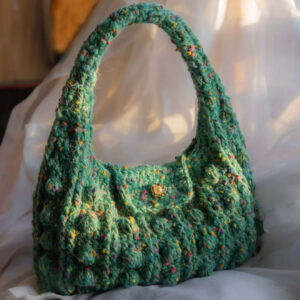 Handmade Crocheted Green Bag with Colorful Specks