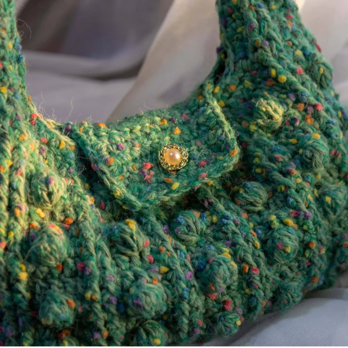 Handmade Crocheted Green Bag with Colorful Specks02 Handmade Crocheted Green Bag with Colorful Specks02