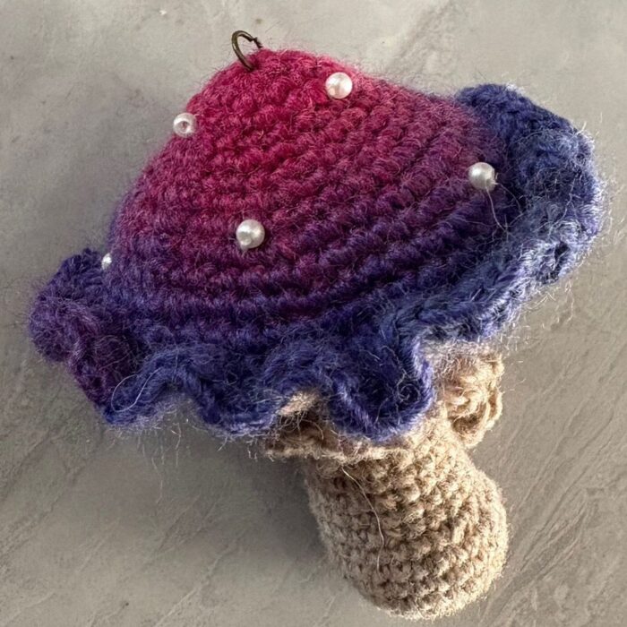 Handmade Crochet Poison Mushroom Bag Charm Amigurumi Fungus Keychain Unique Hand Dyed Yarn Gift6