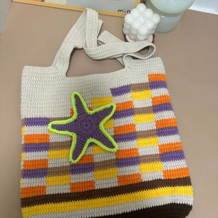 Handmade Striped Contrast Crochet Tote Summer Beach Bag2